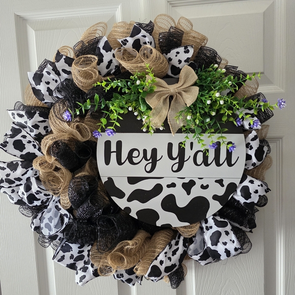 Rustic Cow Print Wreath with Burlap and Greenery - Picture 6 of 9